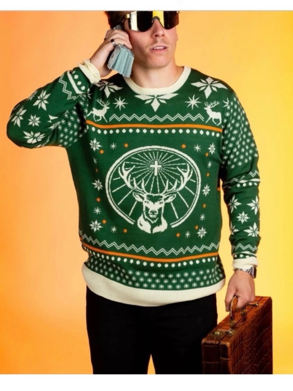 Men's Green Holiday Jäegermeister Reindeer Sweater